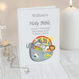 personalised Noah's ark bible showing the front cover personalised over three lines with the child's name at the top
