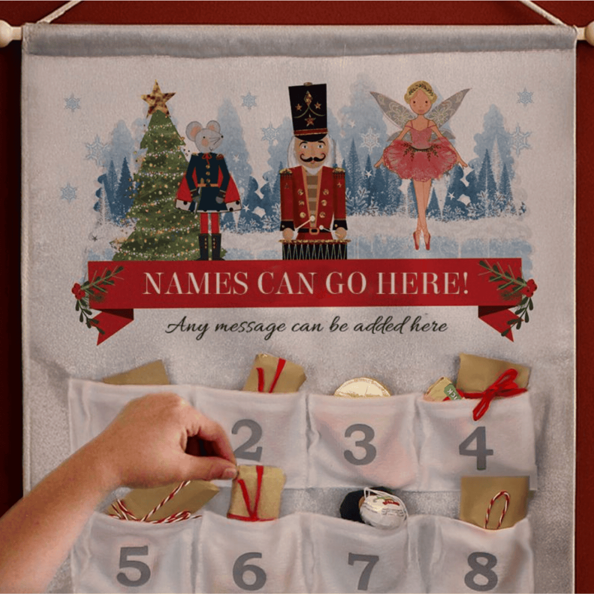 personalised nutcracker advent calendar showing little treats in each pocket