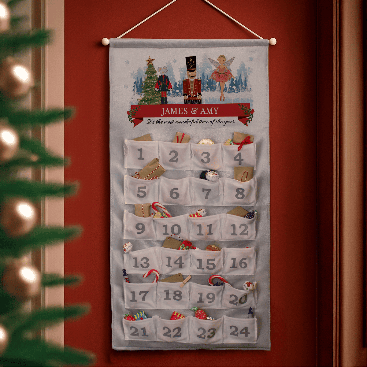 personalised nutcracker advent calendar showing little treats in each pocket