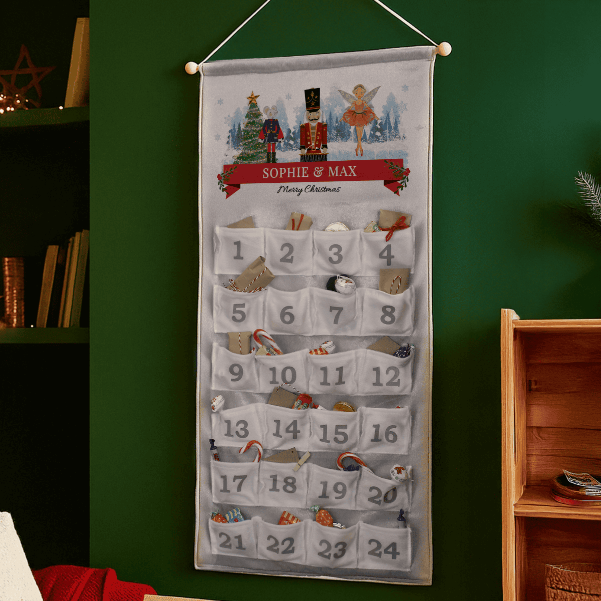 personalised nutcracker advent calendar showing little treats in each pocket