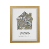 Personalised Present Day Map Home Oak Poster Frame with your chosen postcode in the house map design