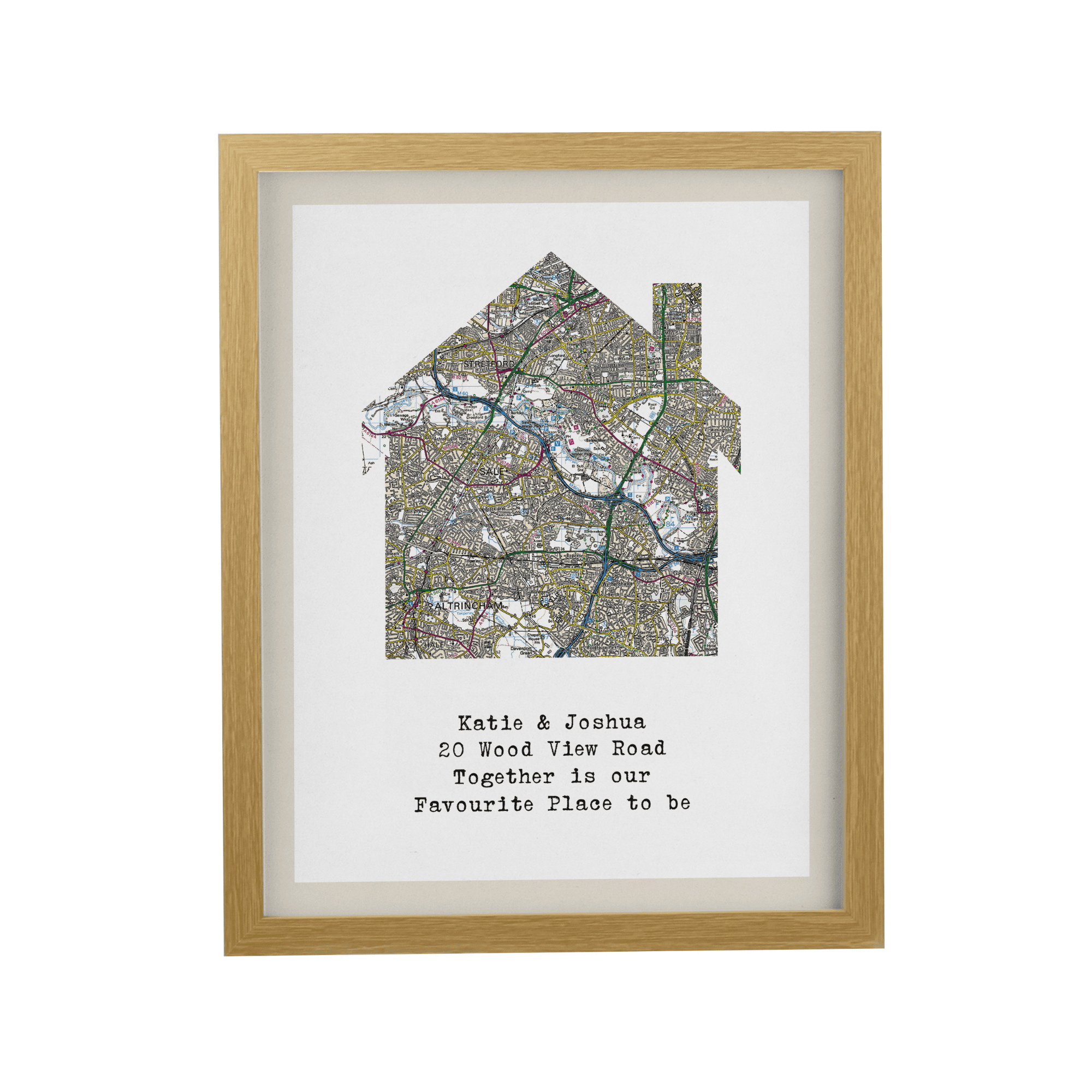 Personalised Present Day Map Home Oak Poster Frame with your chosen postcode in the house map design
