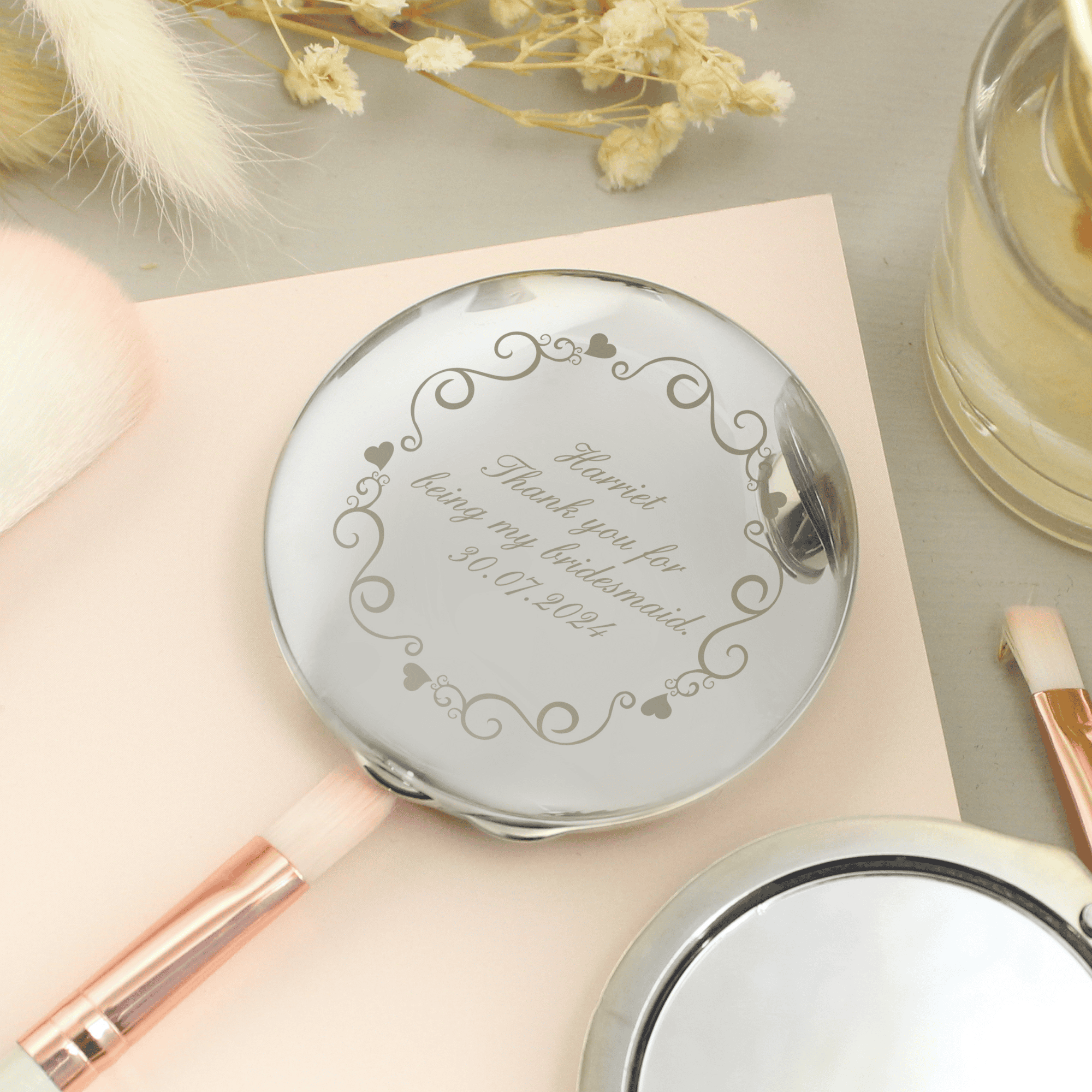 personalised ornate heart compact mirror with any message engraved over 4 lines