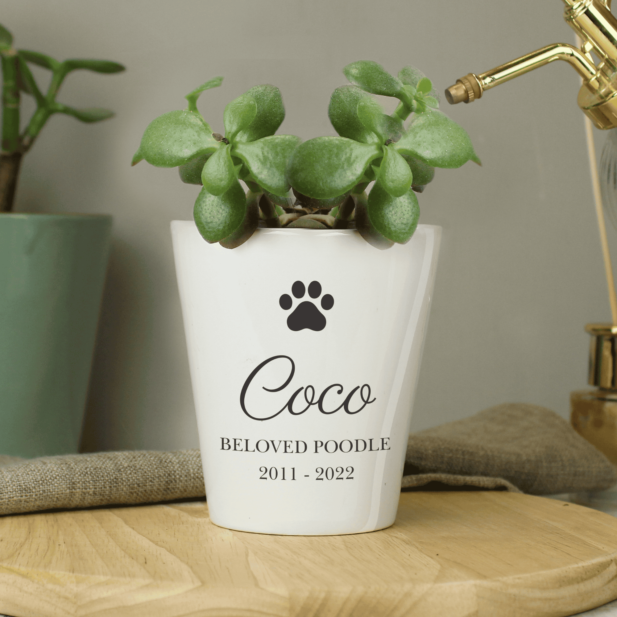 personalised ceramic pawprint plant pot personalised with a name and message over 2 lines