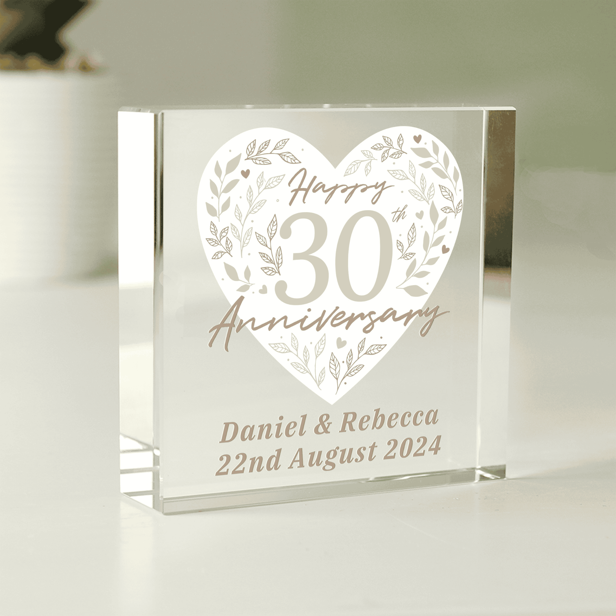personalised pearl anniversary crystal token engraved with a message over 2 lines