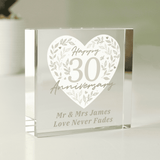 personalised pearl anniversary crystal token engraved with a message over 2 lines