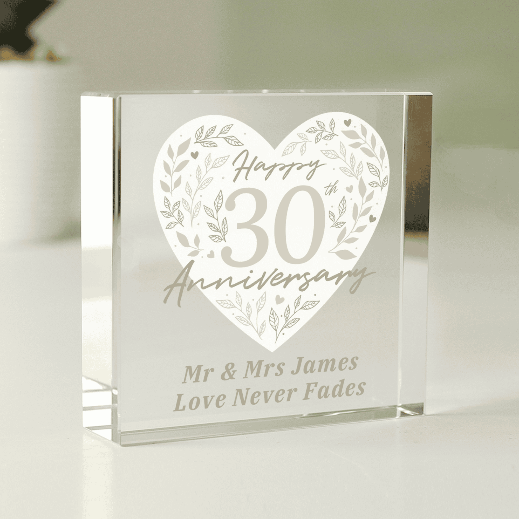 personalised pearl anniversary crystal token engraved with a message over 2 lines