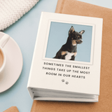 personalised photo upload pet album showing a picture on the front and a message over 3 lines