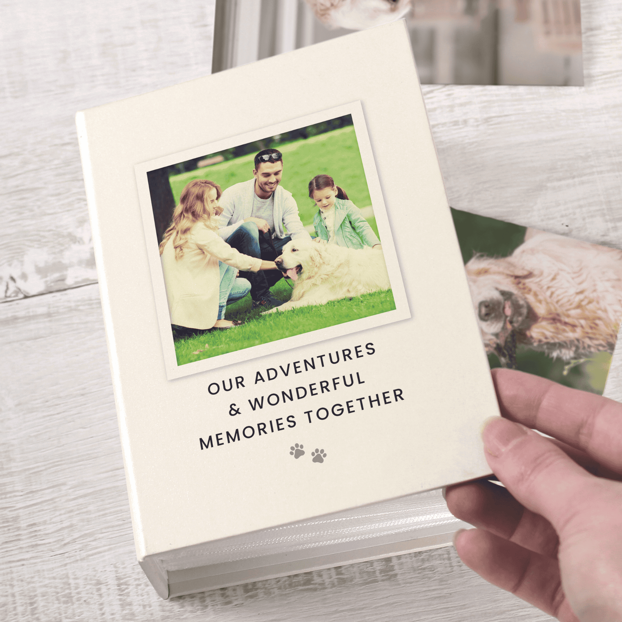 personalised photo upload pet album showing a picture on the front and a message over 3 lines