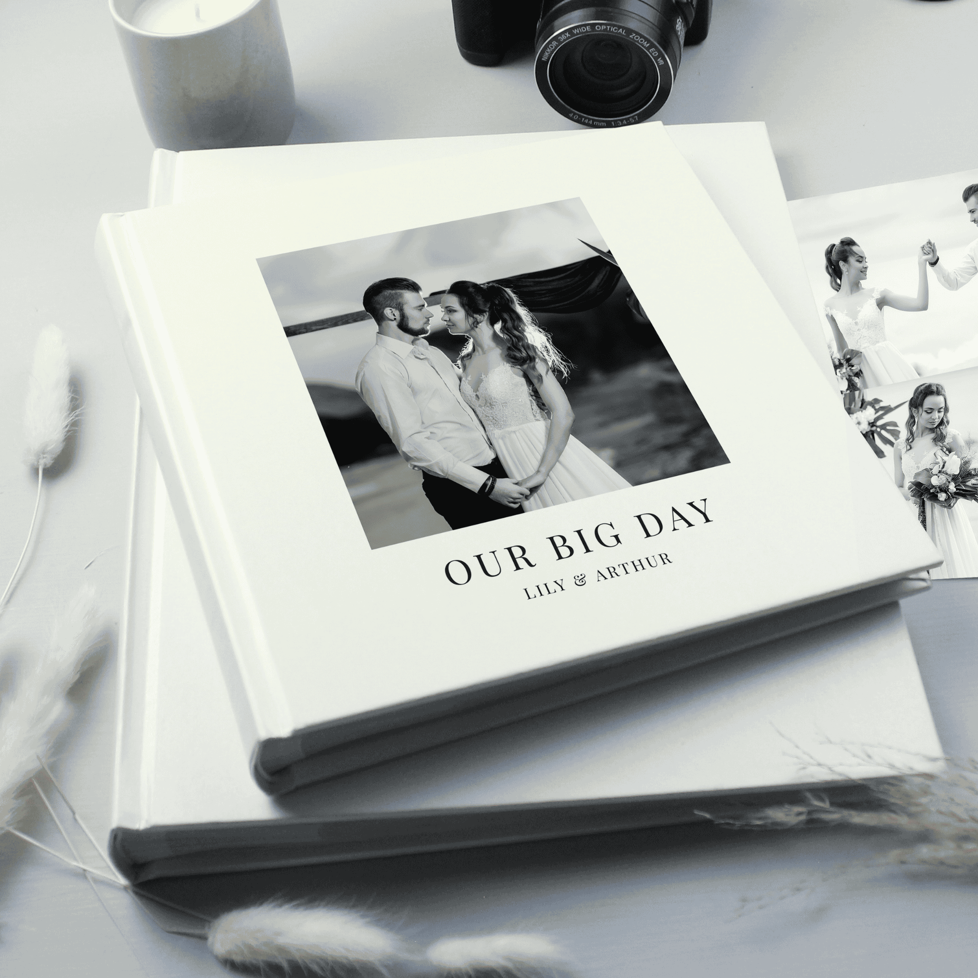 personalised photo upload album with a wedding couple on the front.