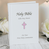 personalised pink cross bible personalised with any message over 3 lines on the front cover.