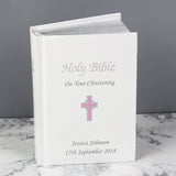 personalised pink cross bible personalised with any message over 3 lines on the front cover.