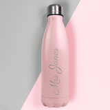 personalisedpink insulated drinks bottle with any name written down the side of the bottle