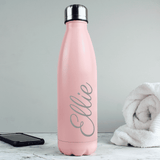personalisedpink insulated drinks bottle with any name written down the side of the bottle