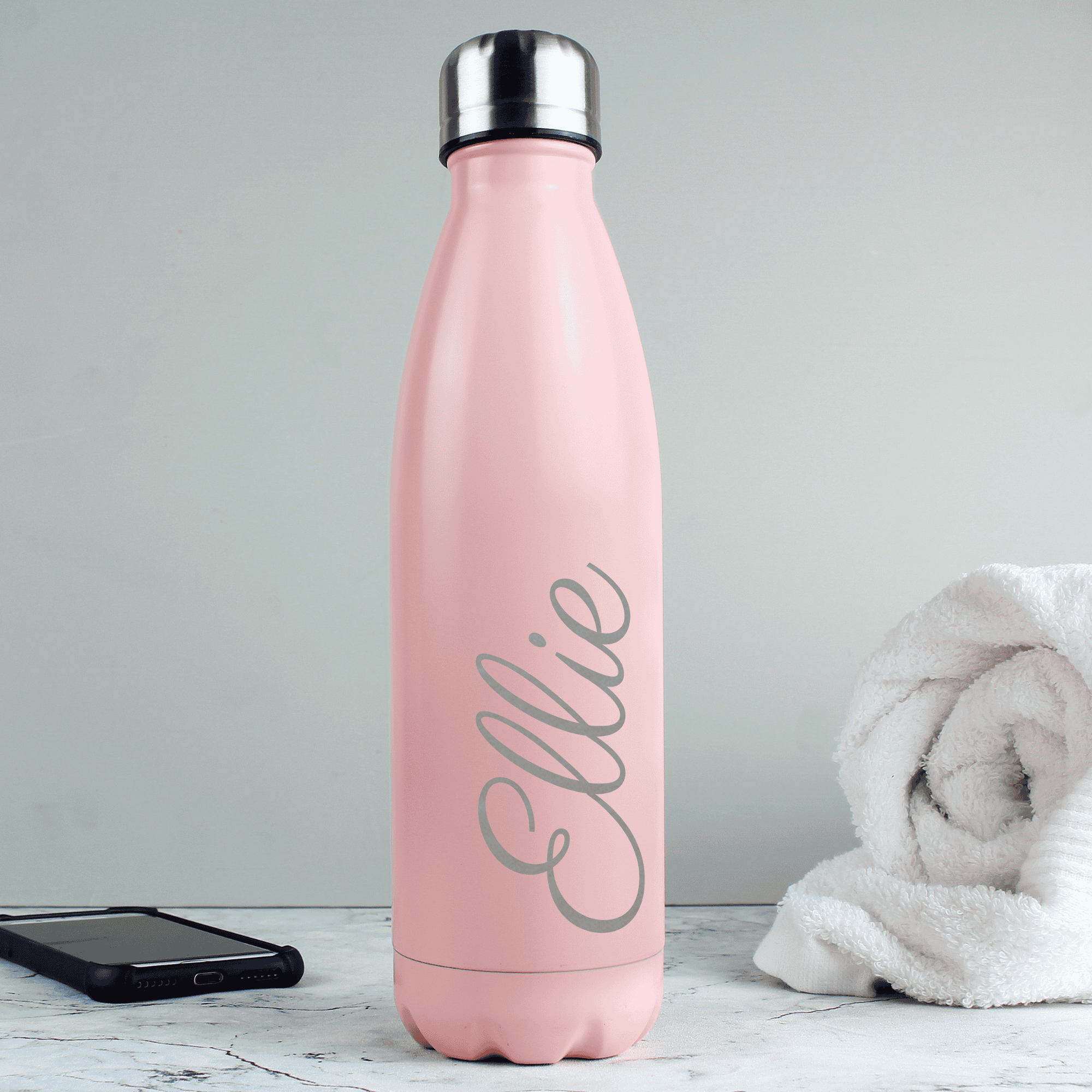 personalisedpink insulated drinks bottle with any name written down the side of the bottle