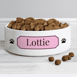 personalised ceramic pet bowl with any name on a pink banner