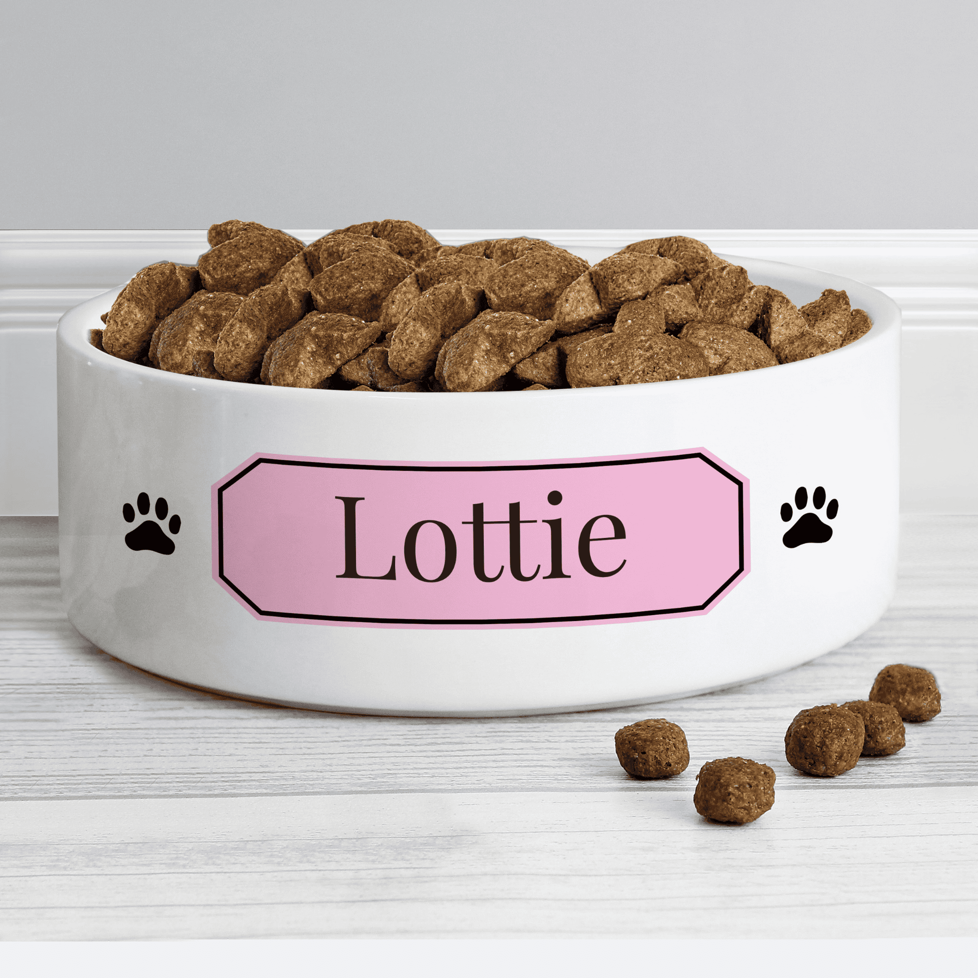 personalised ceramic pet bowl with any name on a pink banner