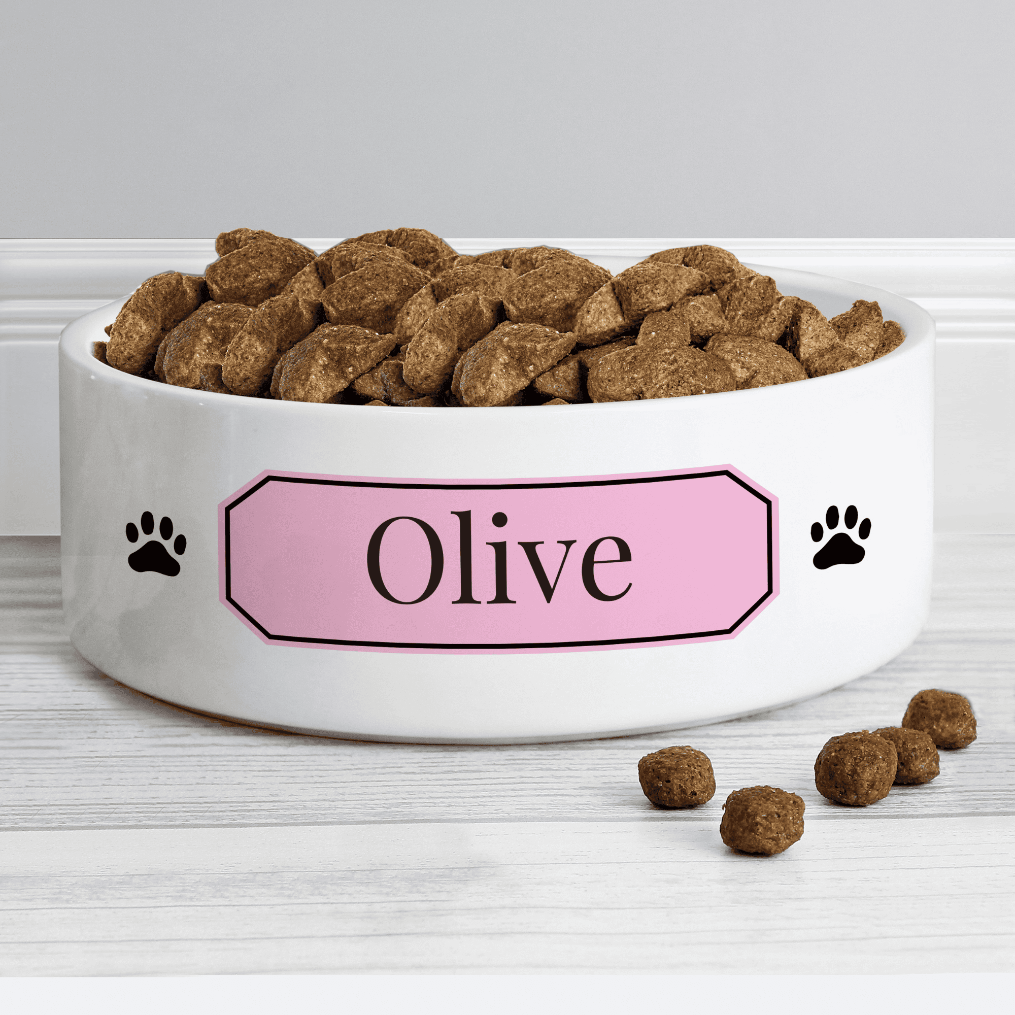 personalised ceramic pet bowl with any name on a pink banner