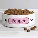 personalised ceramic pet bowl with any name on a pink banner