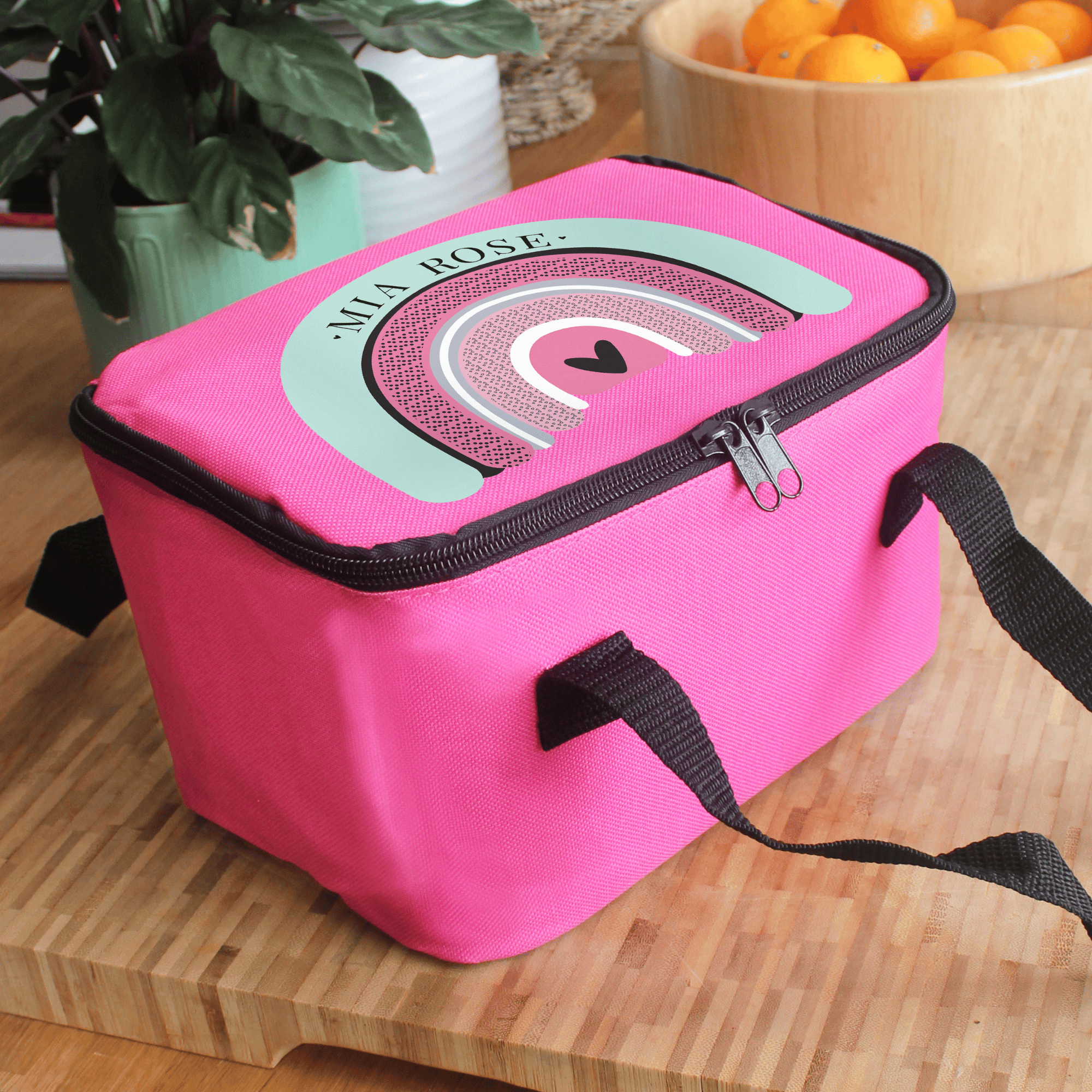 personalised rainbow pink packed lunch box with any name personalised on the rainbow