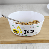 personalised plastic digger bowl with any name personalised on the side beside a digger image