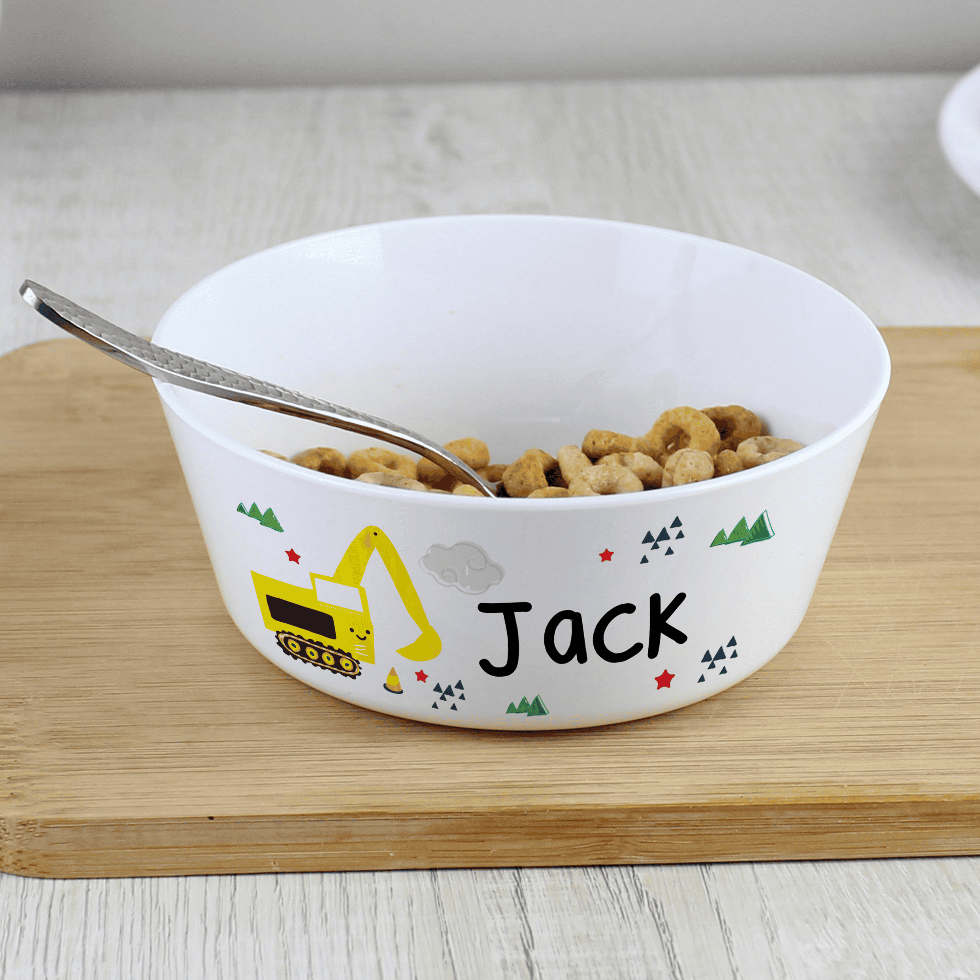 personalised plastic digger bowl with any name personalised on the side beside a digger image