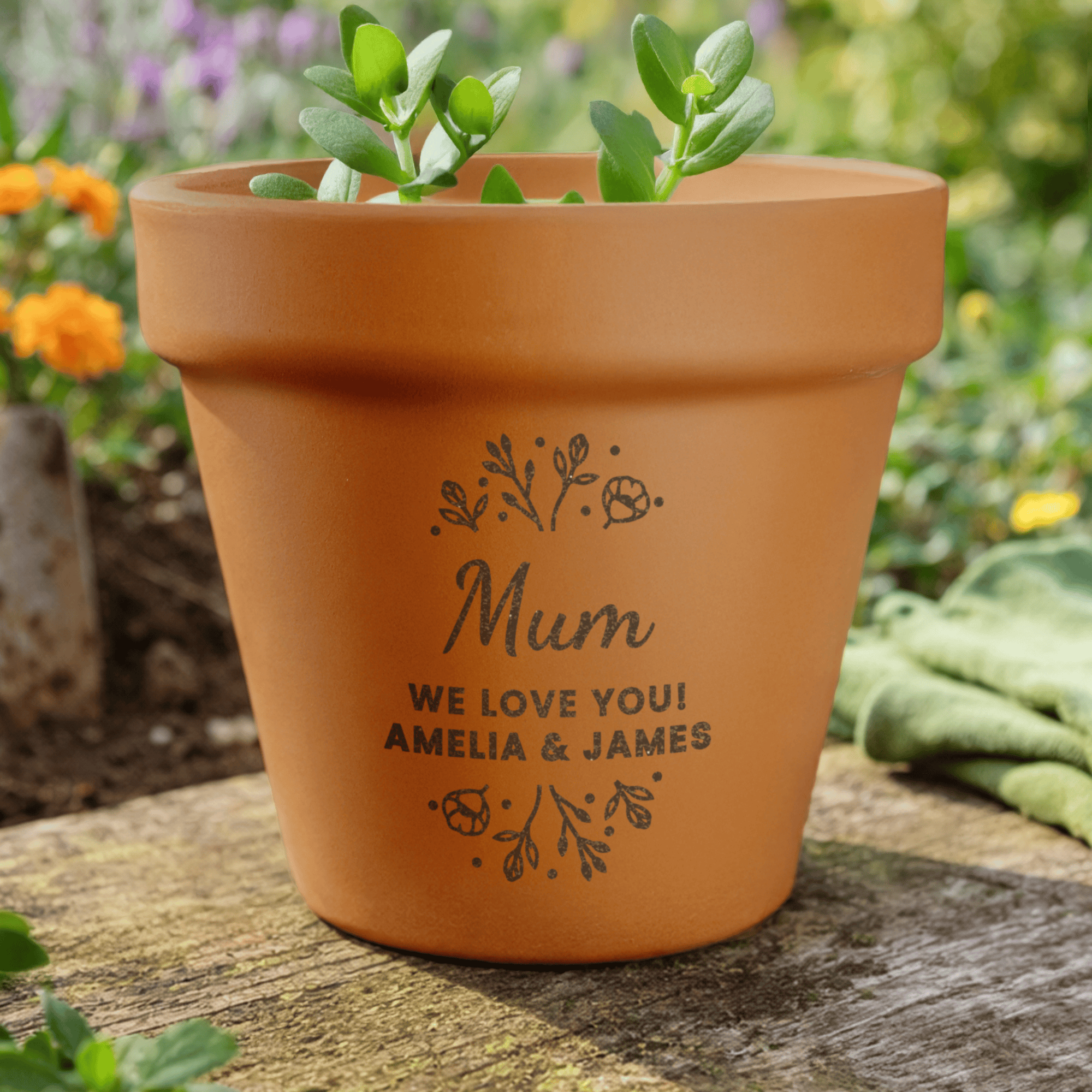 personalised terracotta plant pot with a message over 3 lines