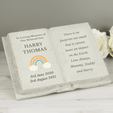 personalised rainbow memorial stone with the persons names and date on the left beside a rainbow image and any message engraved over 8 lines on the right hand side