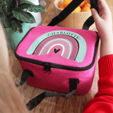personalised rainbow pink packed lunch box with any name personalised on the rainbow