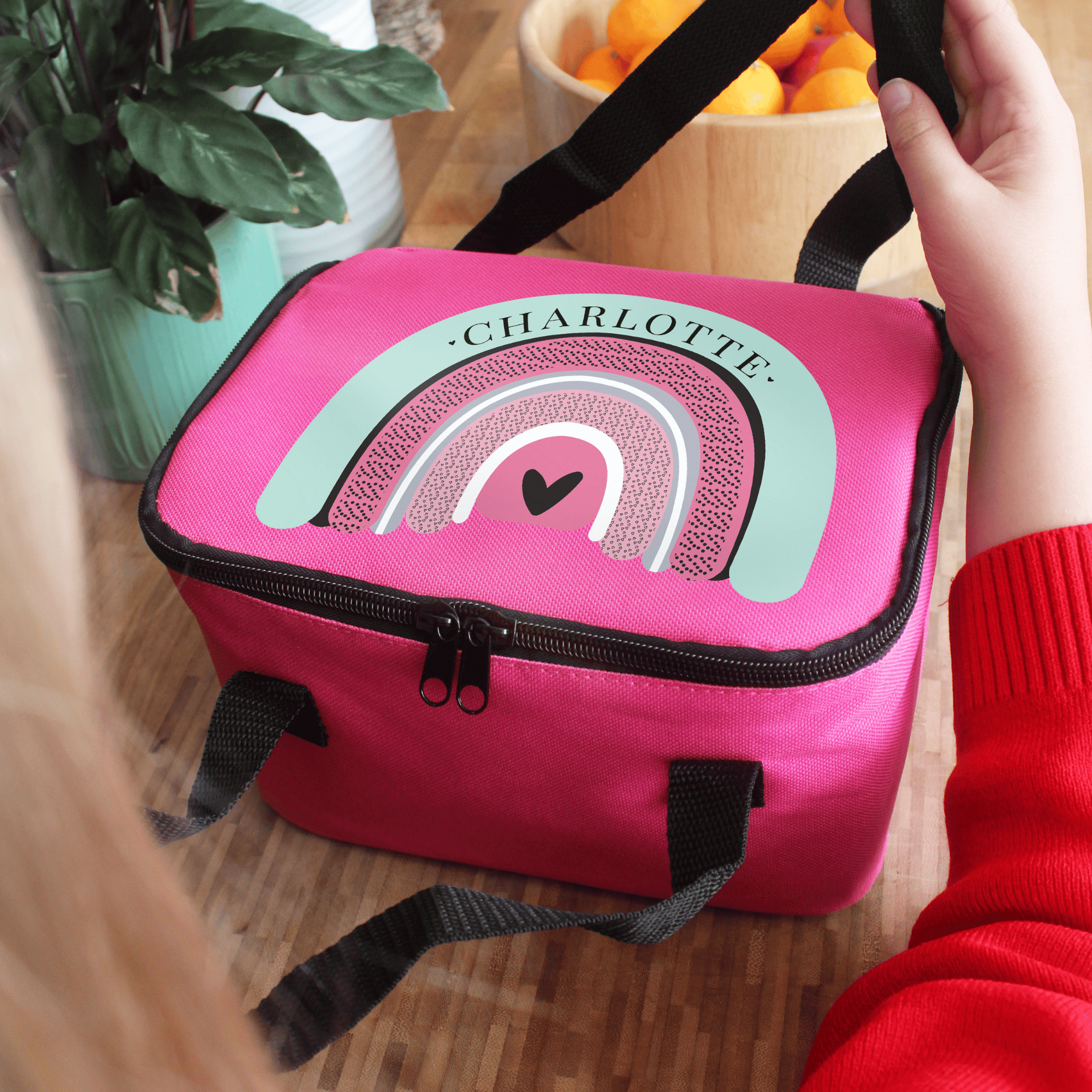 personalised rainbow pink packed lunch box with any name personalised on the rainbow
