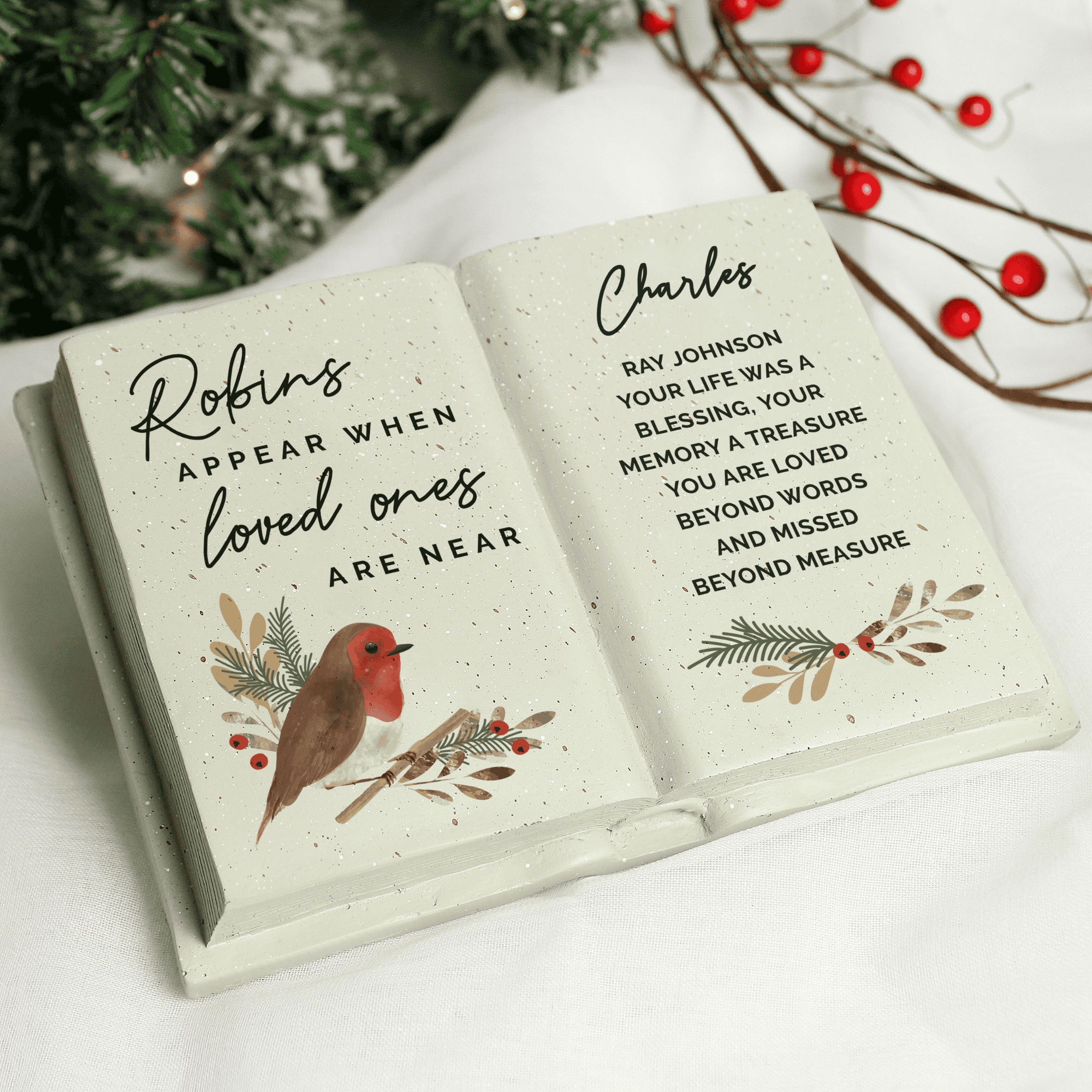 personalised robins appear when loved ones are near memorial stone with the name and any message on the right hand side