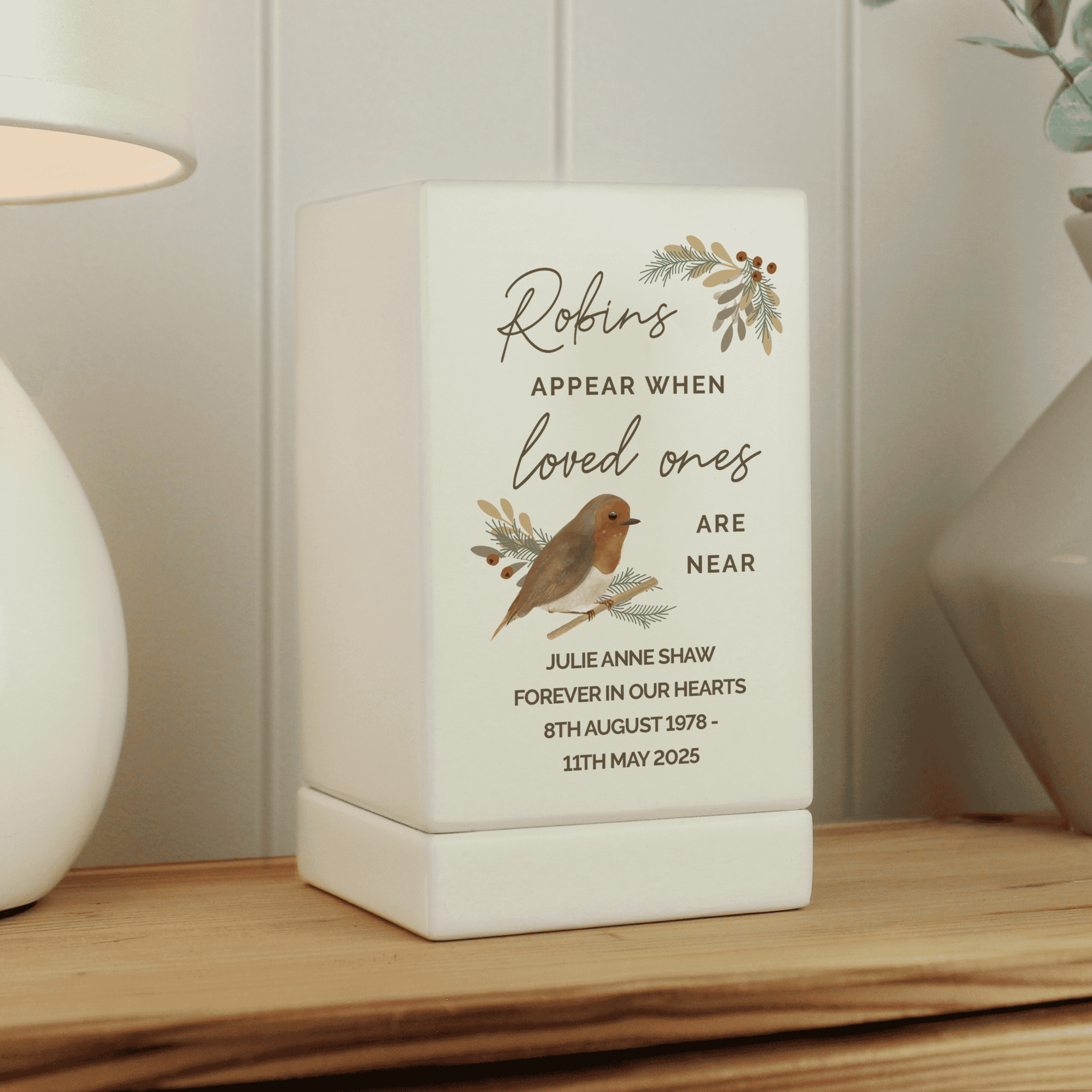 personalised robins appear memorial wooden with any message personalised over 4 lines under the robin image
