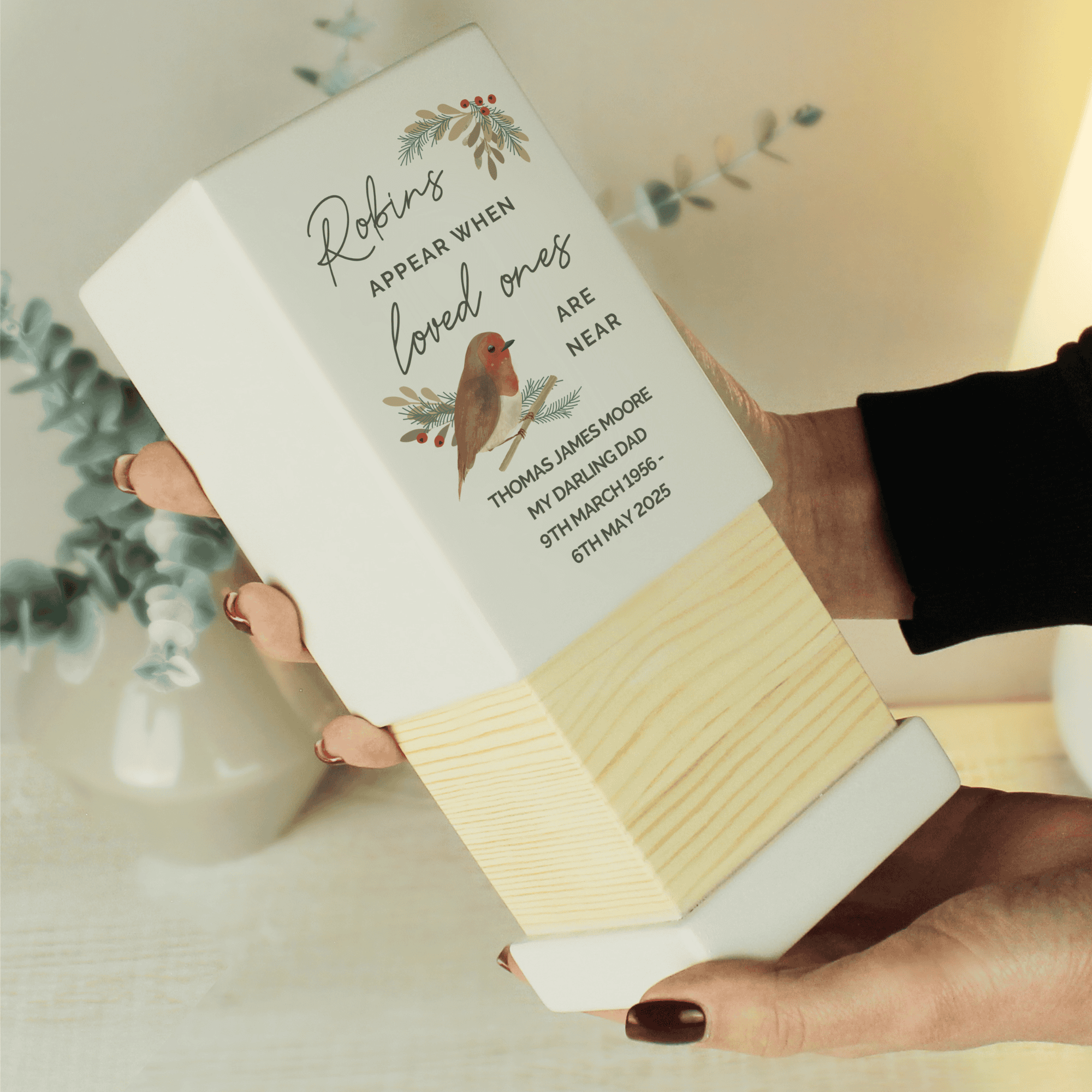 personalised robins appear memorial wooden with any message personalised over 4 lines under the robin image