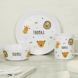 personalised safari animals breakfast set with a name personalised on each item