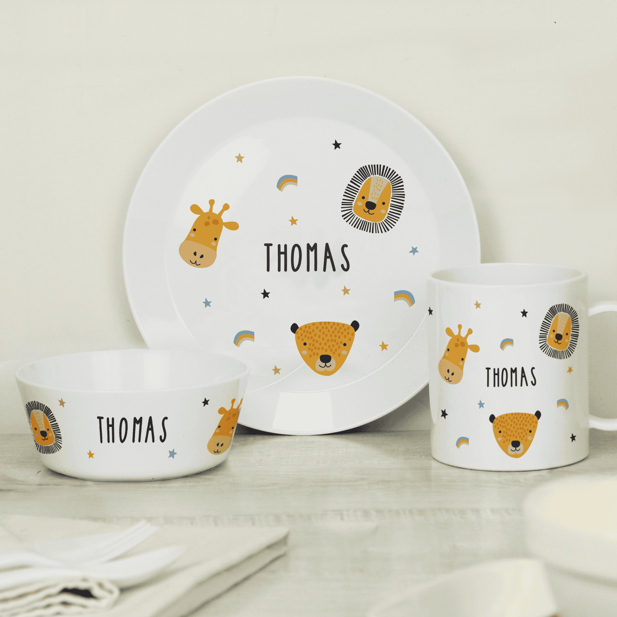 personalised safari animals breakfast set with a name personalised on each item