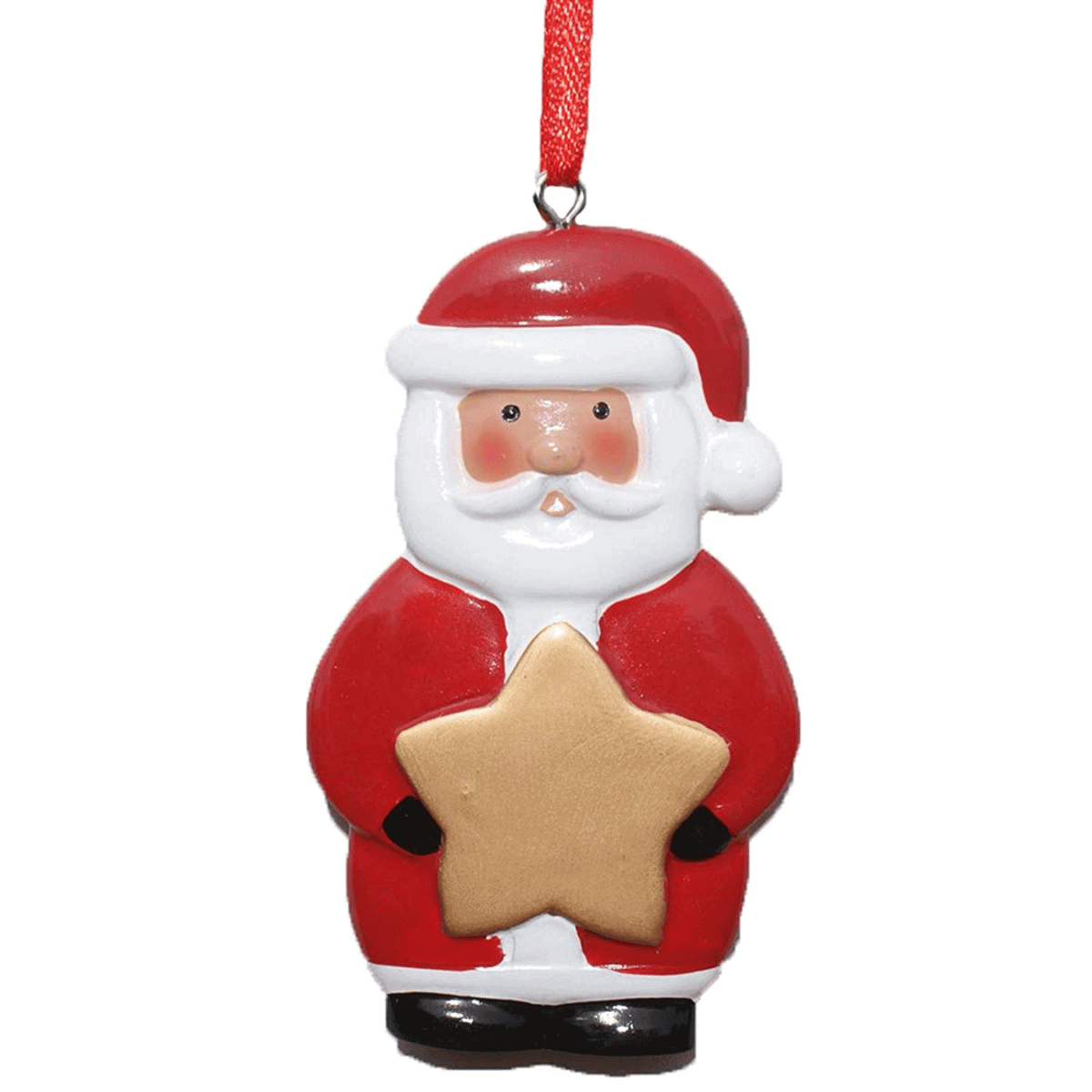 personalised santa christmas tree decoration. The gold star that Santa is holding can be personalised with any name.