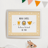 personalised scandi animals white framed print with the child's name and message over 2 lines