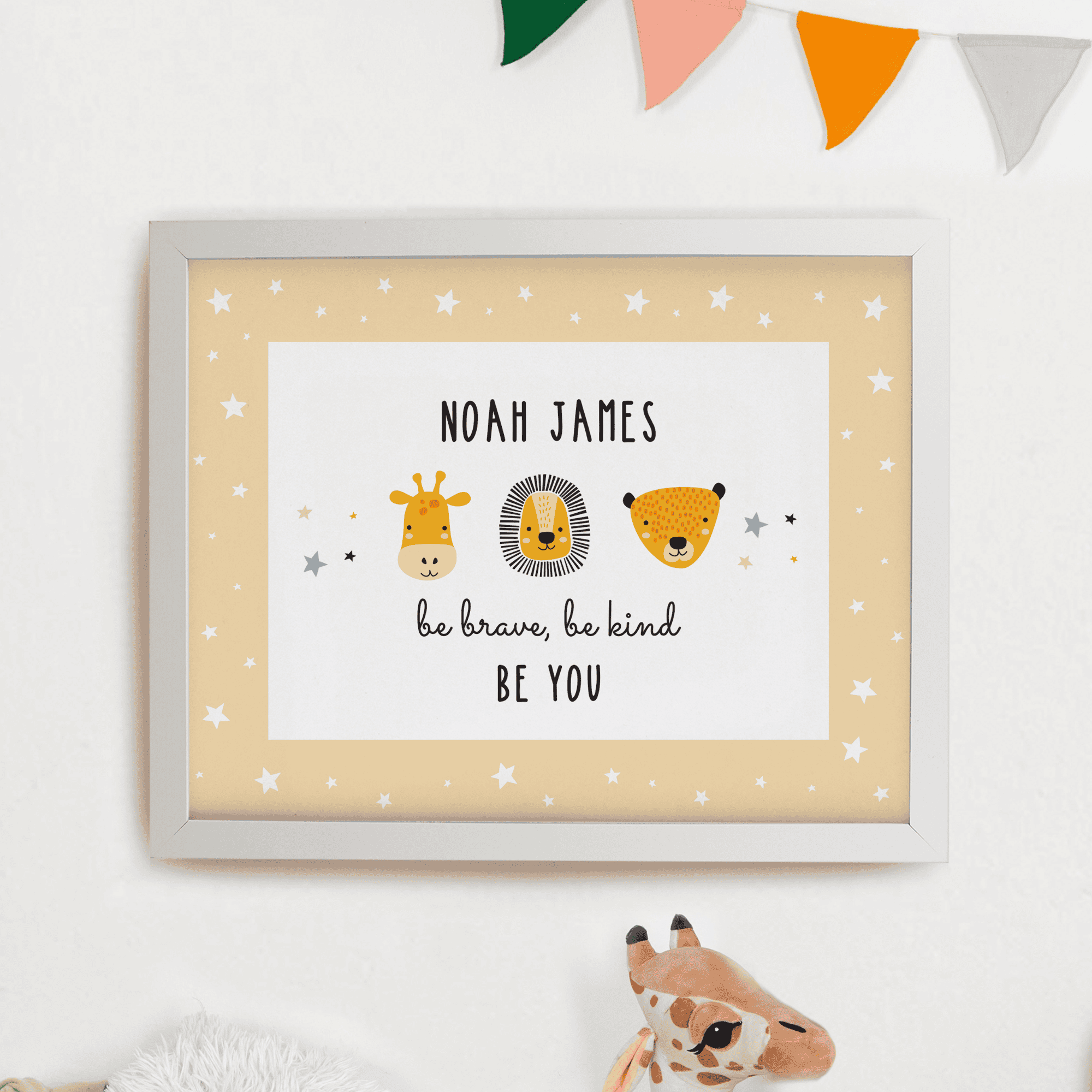 personalised scandi animals white framed print with the child's name and message over 2 lines
