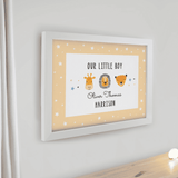 personalised scandi animals white framed print with the child's name and message over 2 lines