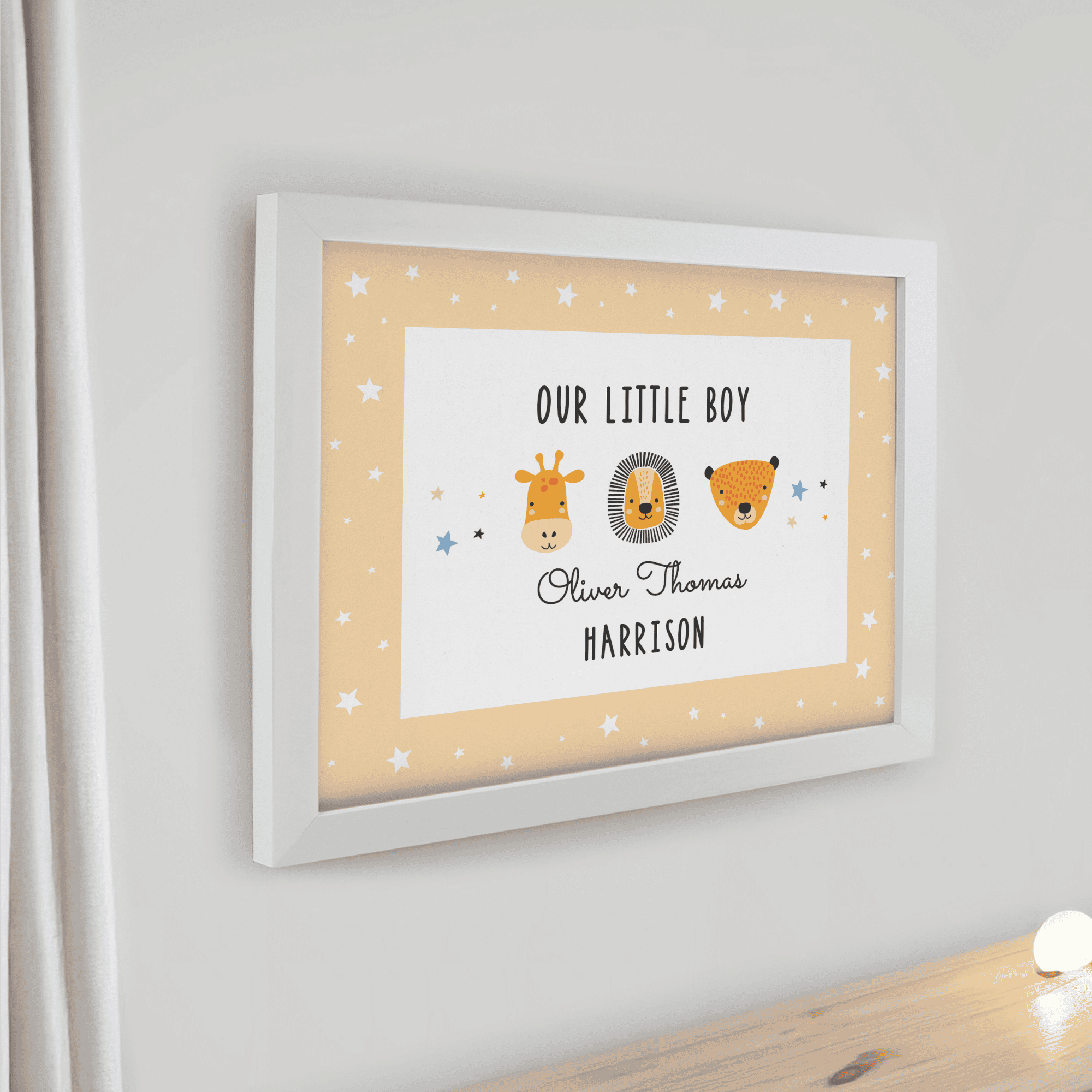 personalised scandi animals white framed print with the child's name and message over 2 lines