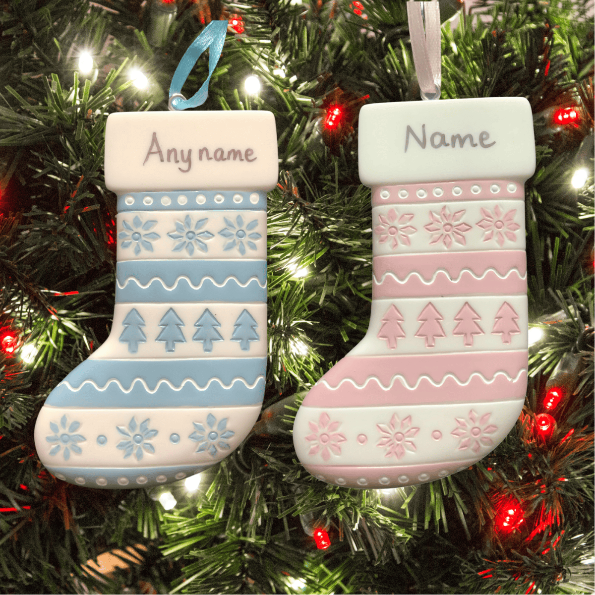personalised scandi stocking christmas tree decoration in pink or blue
