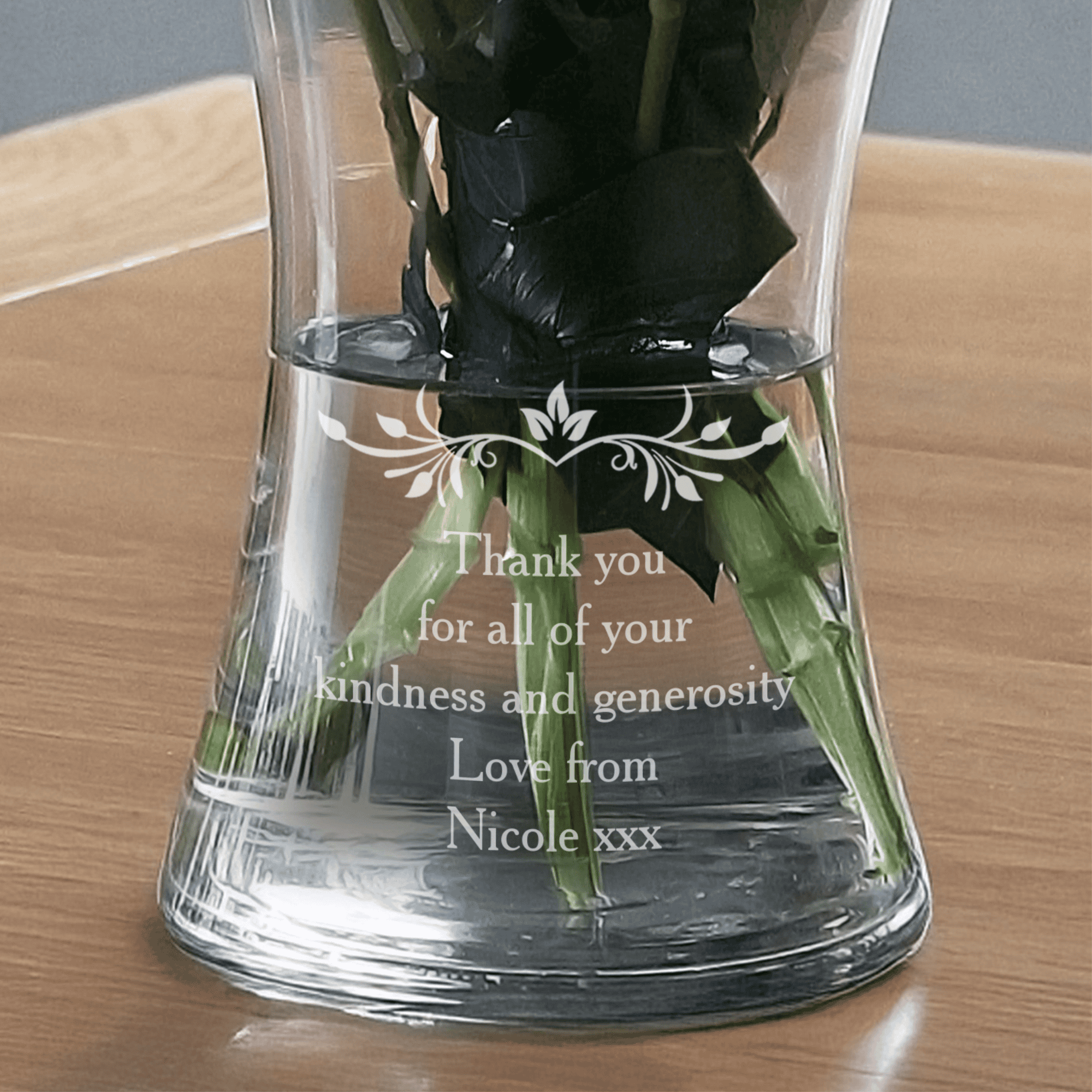 personallised sentiments glass vase with any message engraved over 5 lines below the floral design