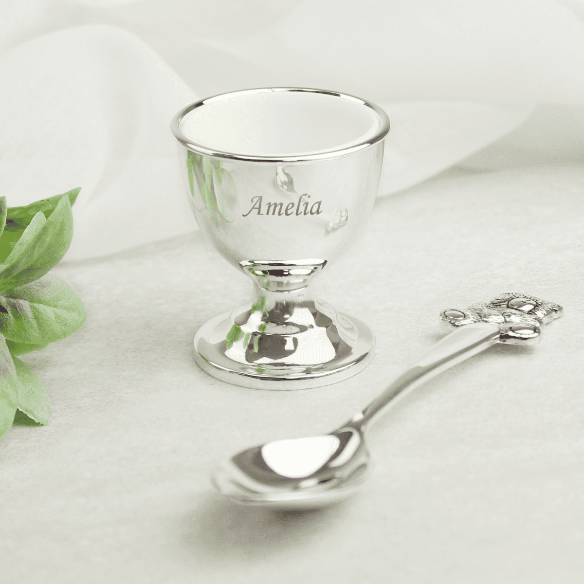 personalised silver egg cup and spoon keepsake gift