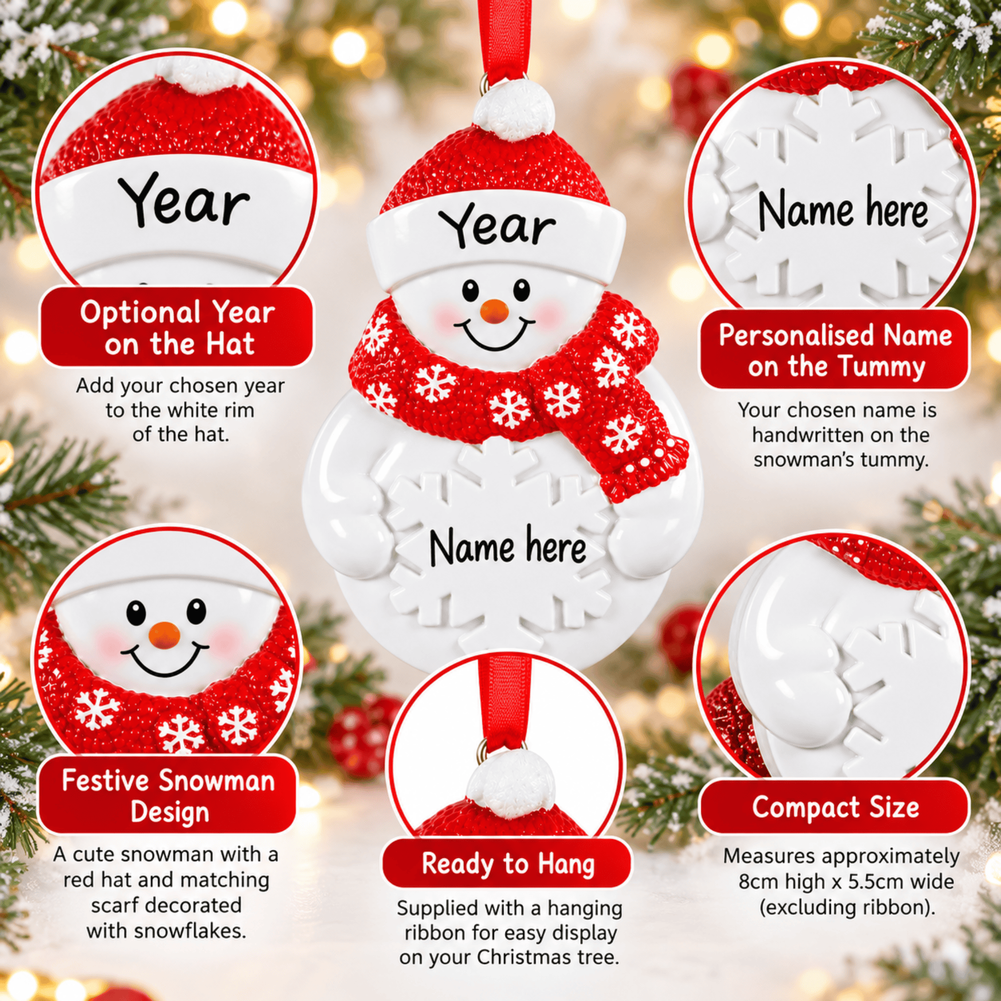 personalised snowman christmas tree decoration with name and year hand personalised on it