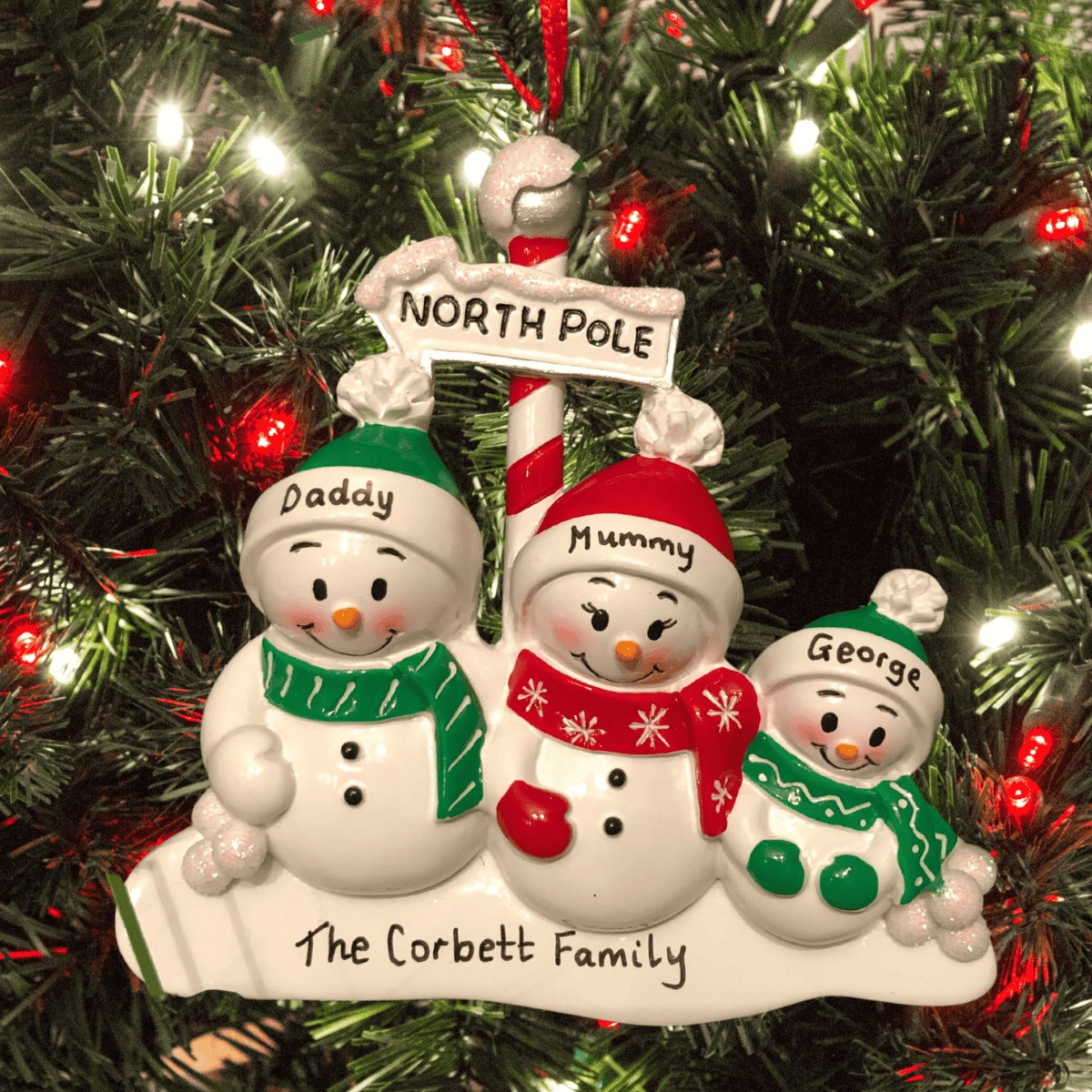 personalised snowman family tree decoration for a family of 3
