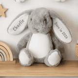 personalised soft toy bunny showing it sitting on a shelf