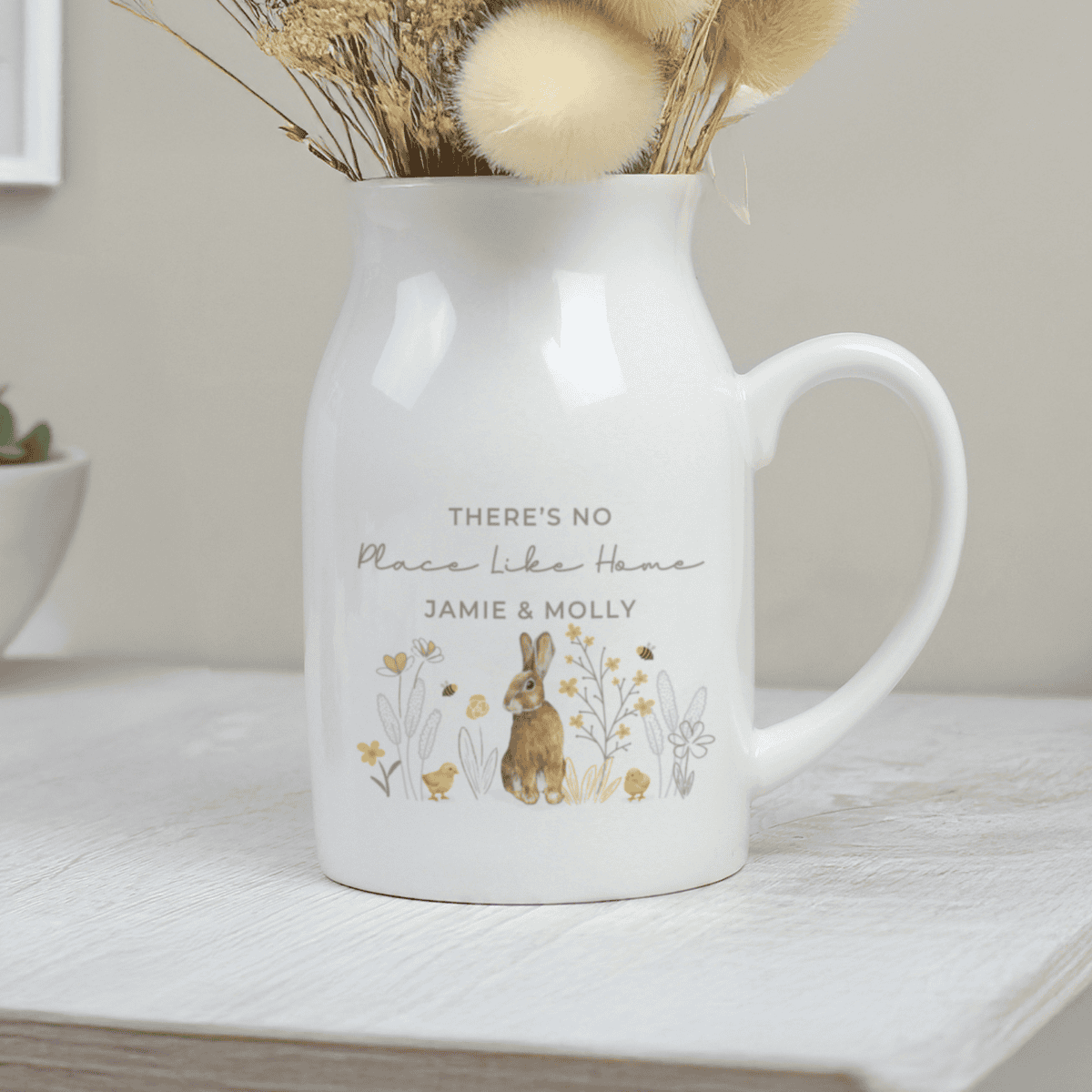 personalised spring bunny ceramic jug showing the personalisation on the front