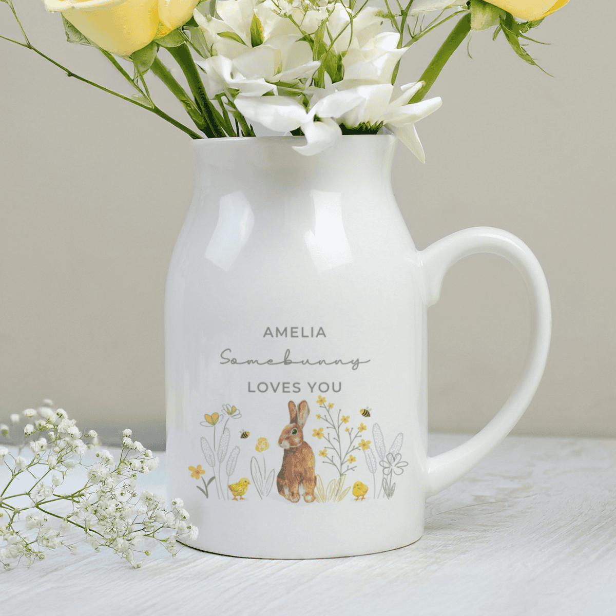 personalised spring bunny ceramic jug showing the personalisation on the front