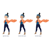 Three illustrated characters with different skin tones wearing a colorful outfit.