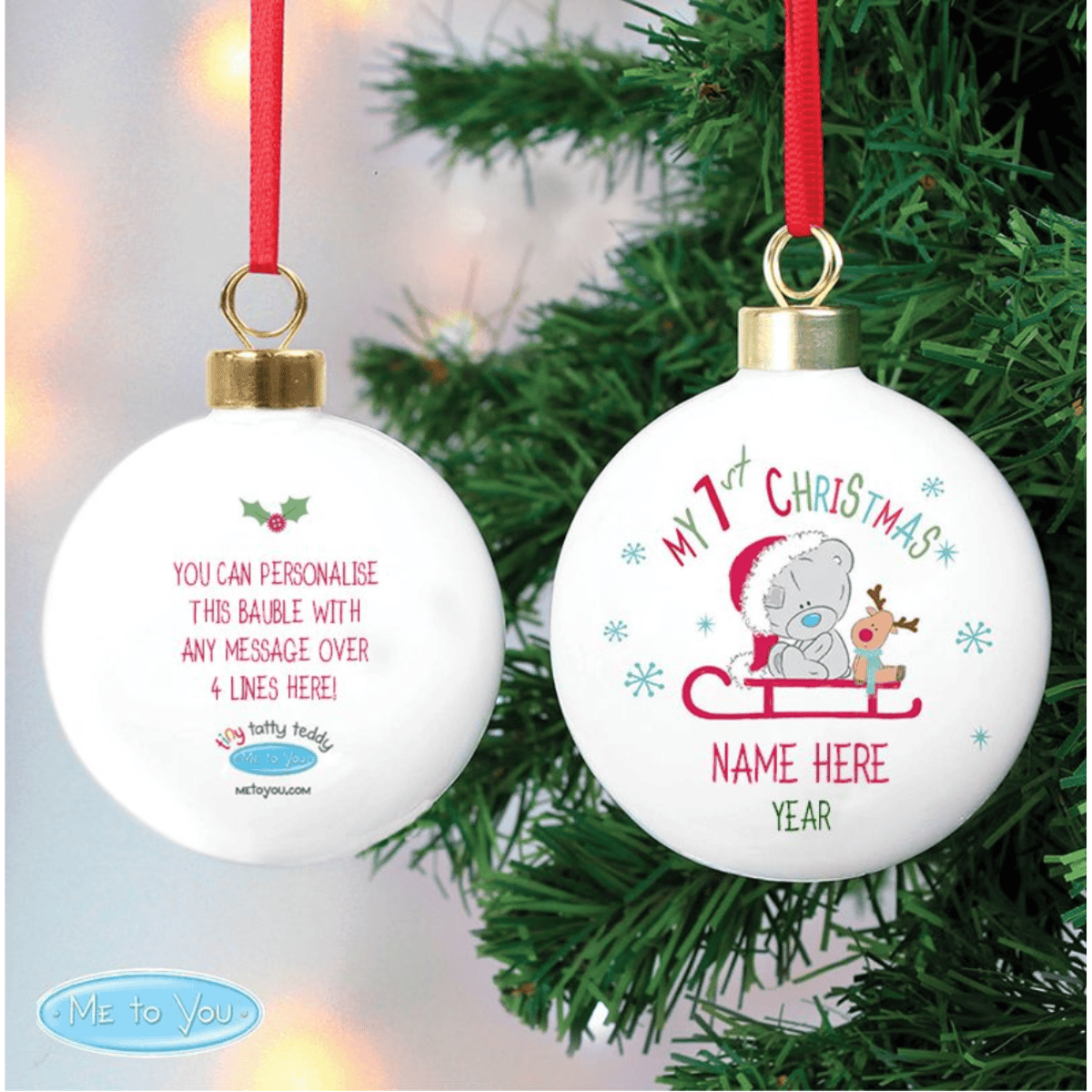 personalised baby's first christmas tiny tatty bauble with a teddy bear on a sledge